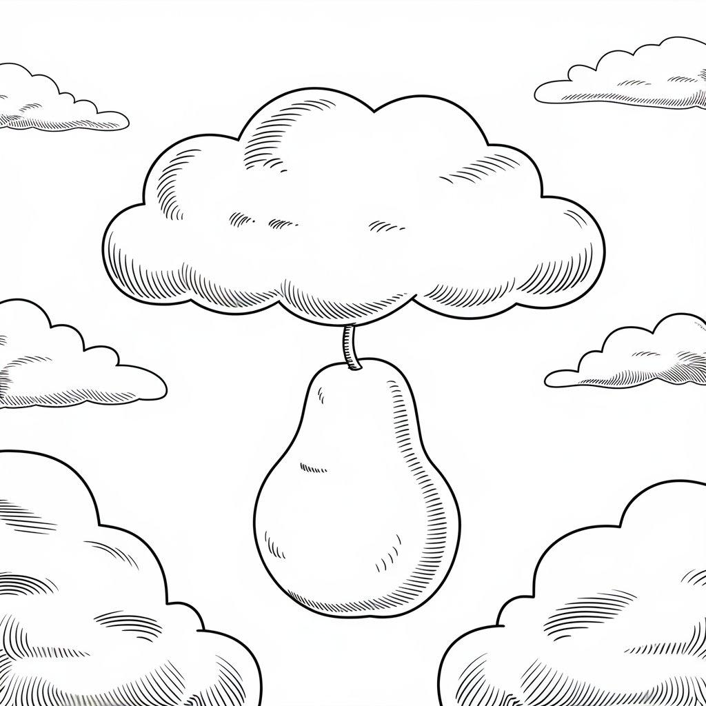 A_Fluffy_Cloud_with_a_Smiling_Pear_Hanging_from_It