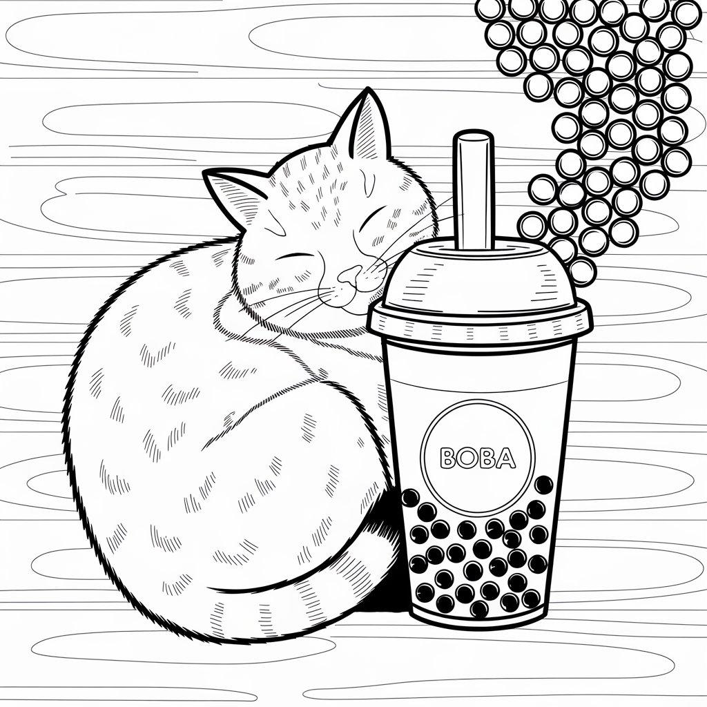 A_Sleepy_Boba_Cat_Curled_up_Next_to_a_Boba_Cup