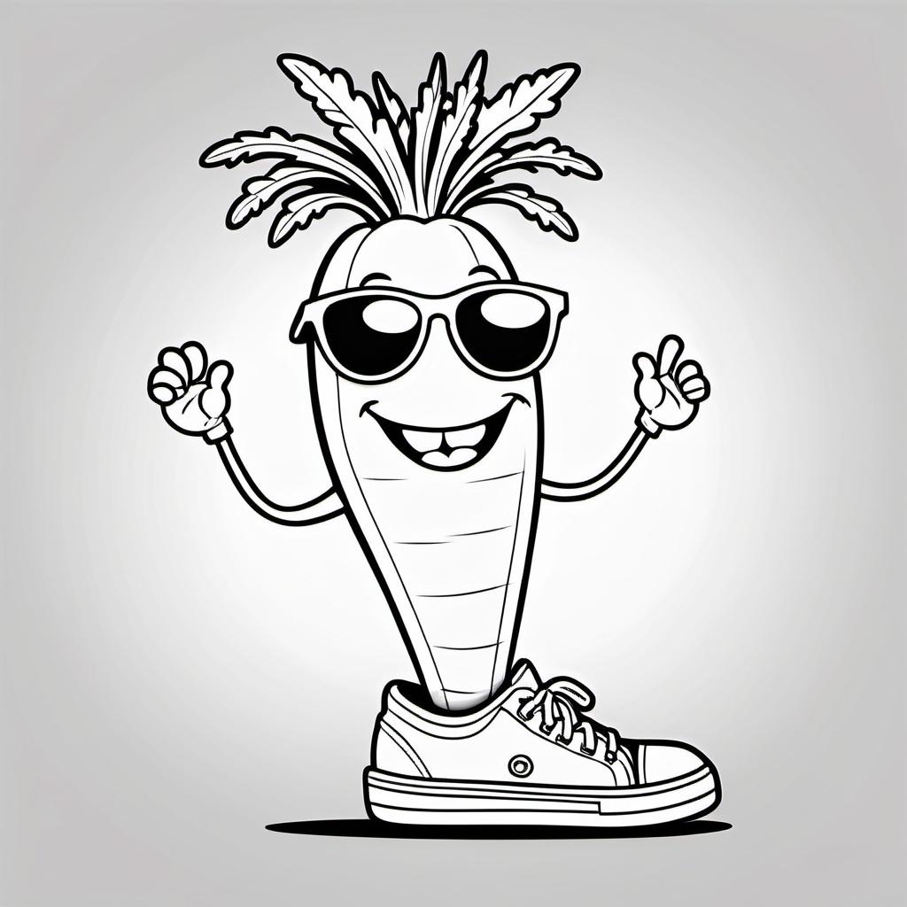 A_quirky_carrot_with_a_big_smile_sunglasses_and_sneakers_giving_off_a_cool_vibe_The_cartoon-style_design_adds_humor_and_personality_Kids_can_use_vibrant_colors_to_make_this_character_stand_out_and_have_fun_coloring