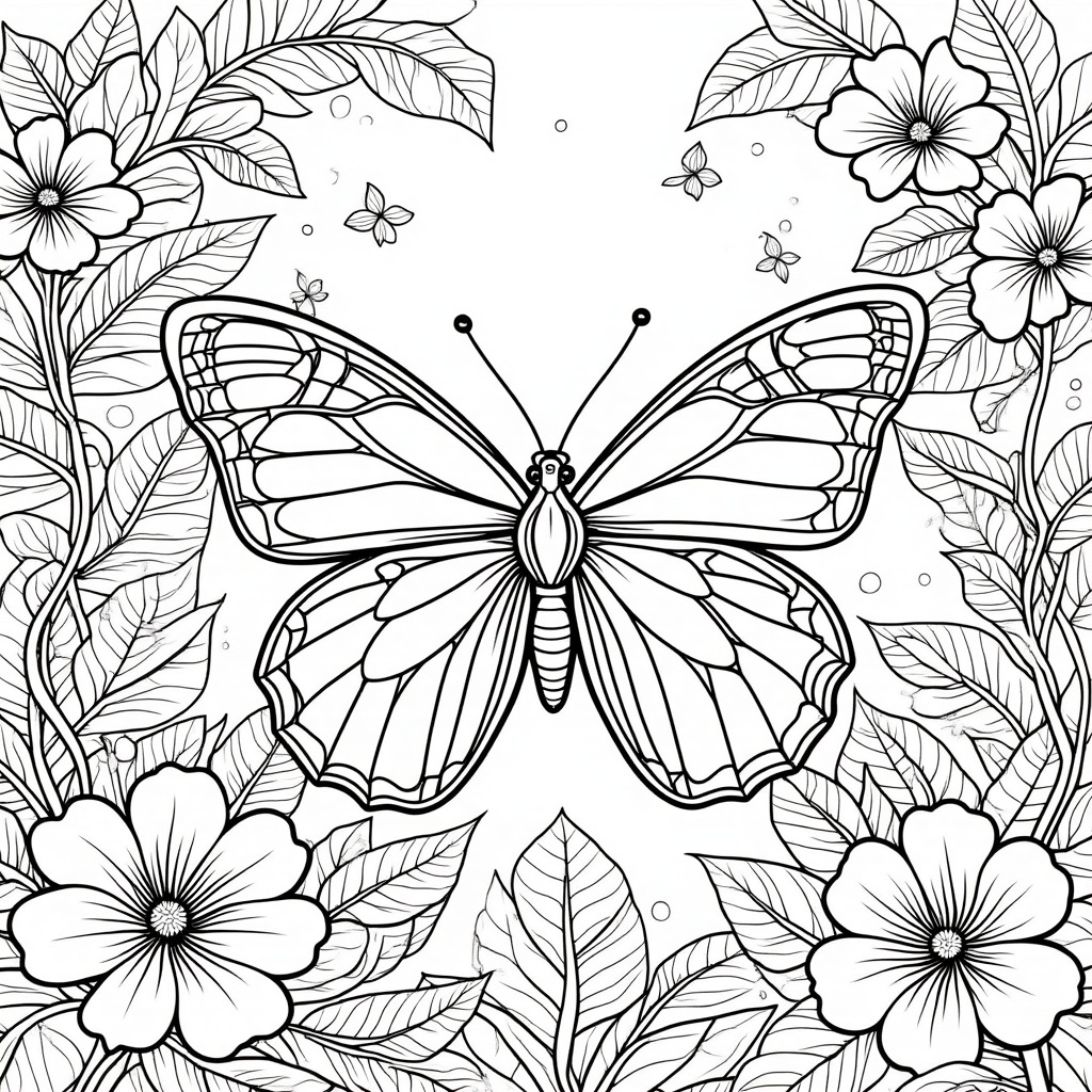 Butterfly Surrounded by Vines and Flowers