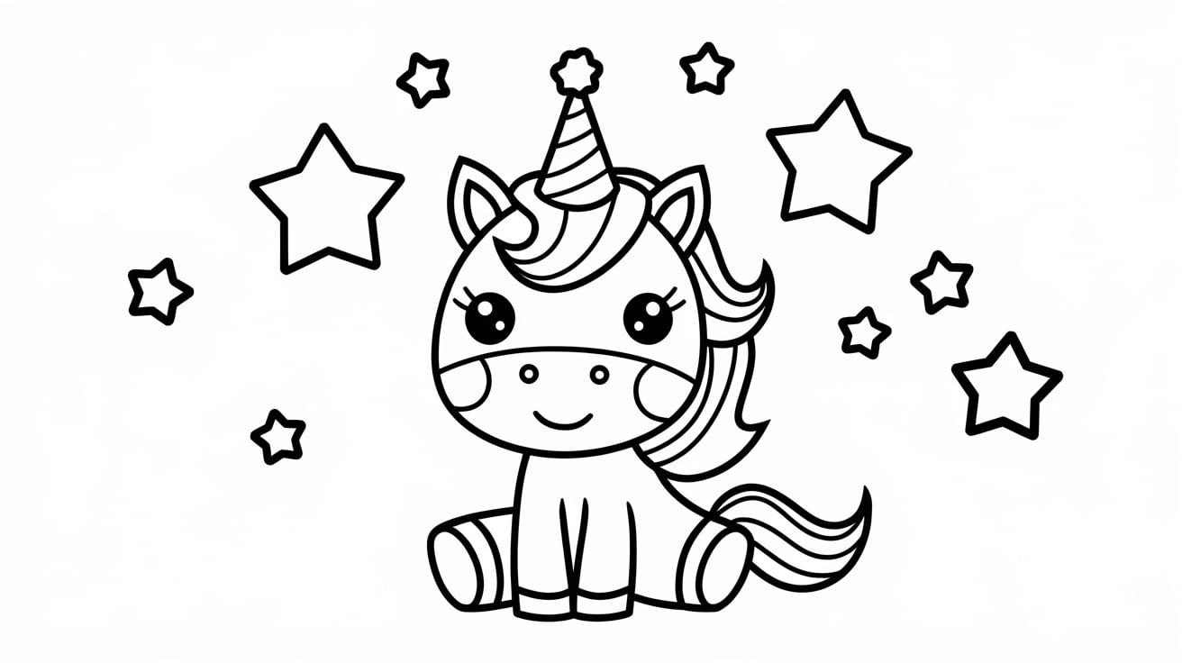 Cute_Unicorn_with_Stars_and_Party_Hat_Coloring_Page