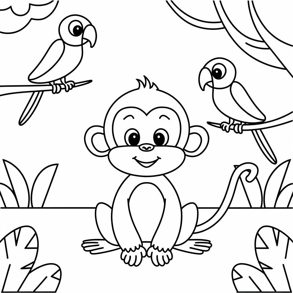 Jungle_Monkey_with_Colorful_Parrots