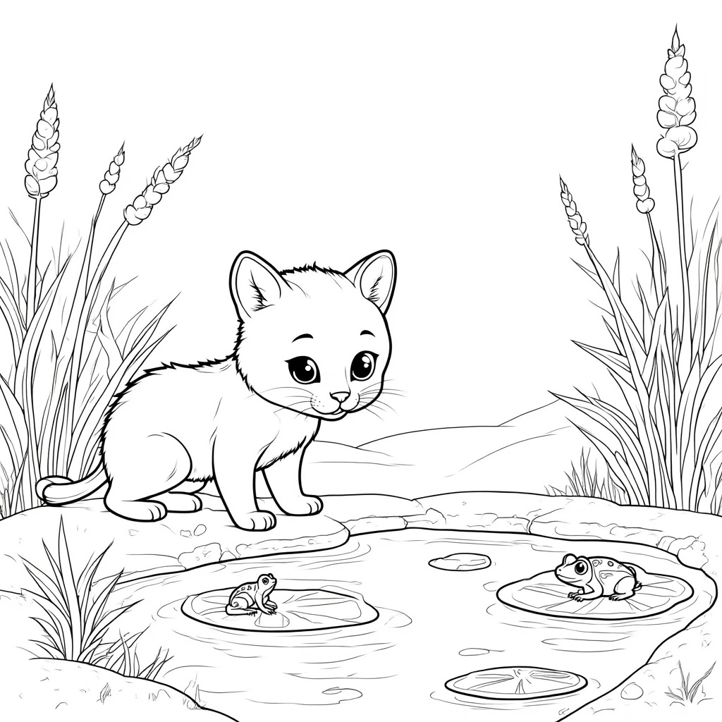 Kitten Exploring a Garden with Frogs