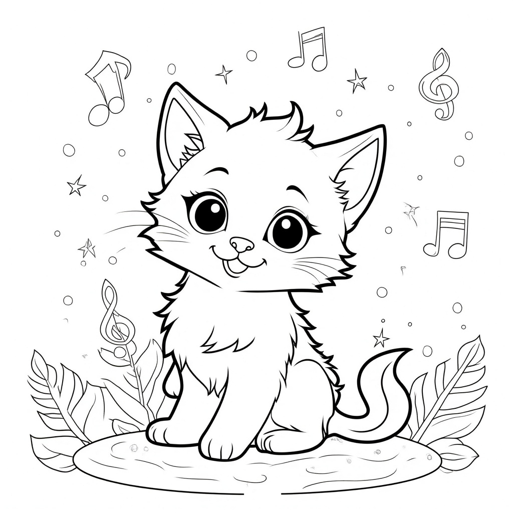 Kitten Surrounded by Musical Notes
