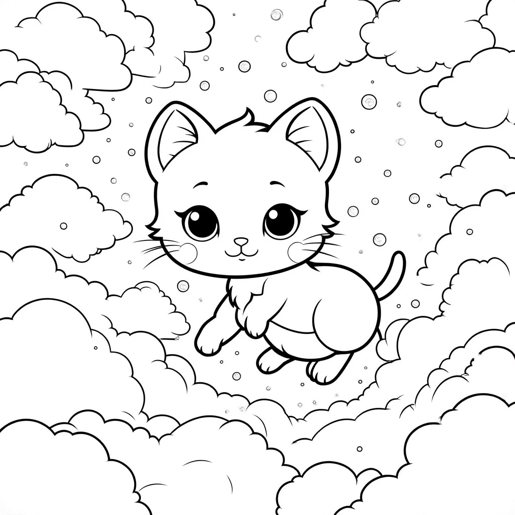 Kitten Surrounded by Stars and Clouds