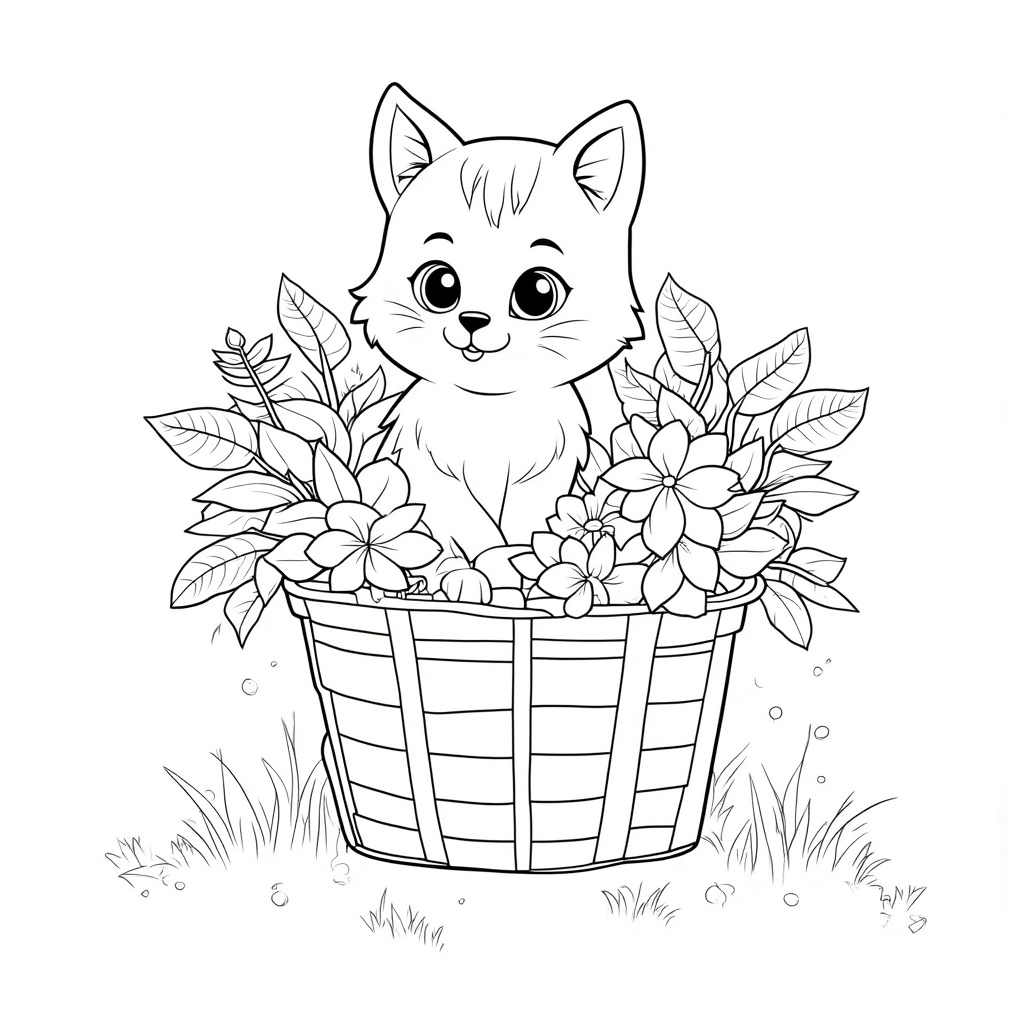 Kitten in a Basket of Flowers