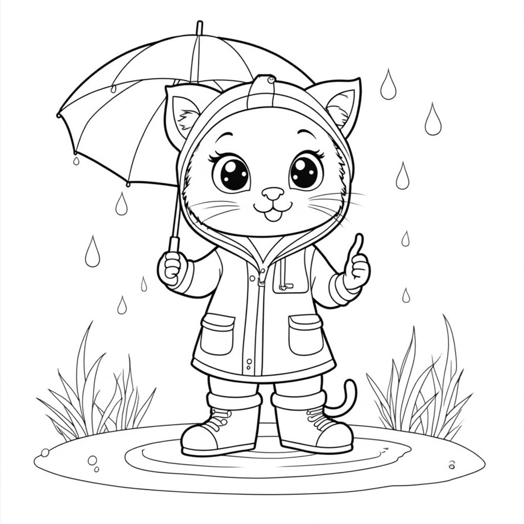 Kitten in a Raincoat and Umbrella