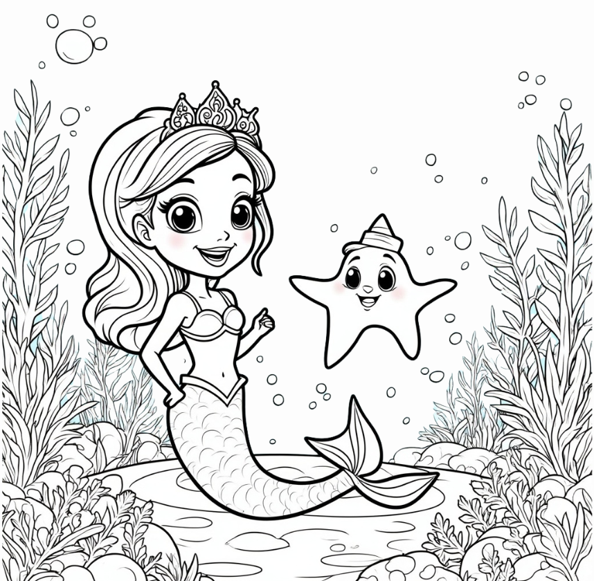 Mermaid and Starfish Friendship Scene