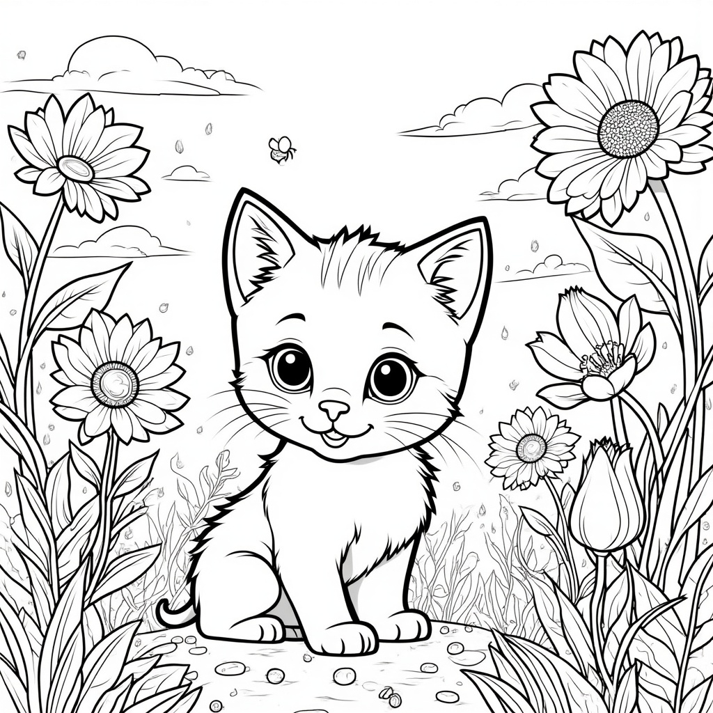 Playful Kitten in a Flower Garden