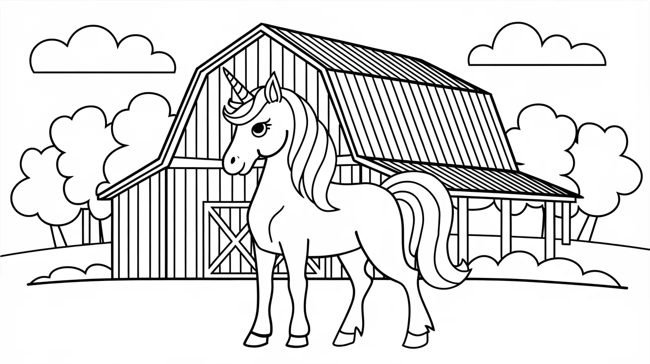 Unicorn_in_Front_of_a_Barn_Coloring_Page
