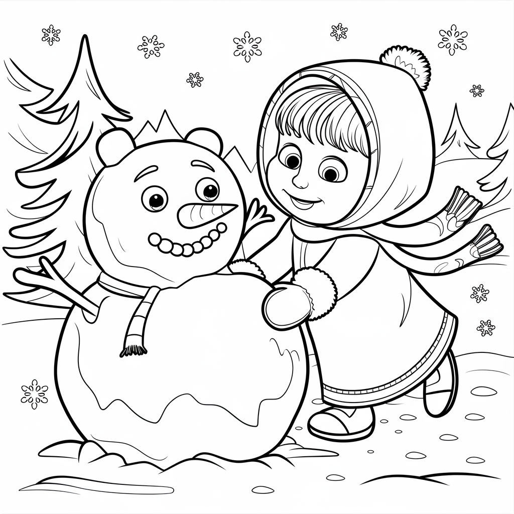 Masha_stands_proudly_next_to_her_snow_creation_in_winter_weather_Children_can_add_colors_to_her_winter_clothes_and_the_snowmans_accessories