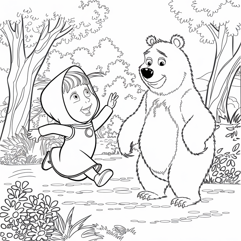 This_coloring_page_shows_Masha_sitting_next_to_her_big_furry_friend_The_page_features_both_characters_sharing_a_happy_moment_perfect_for_young_artists_who_love_this_friendship