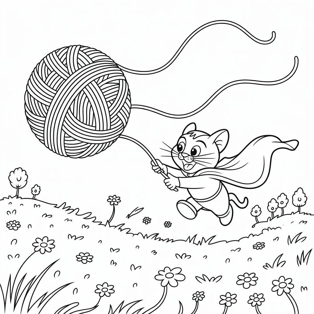 Puss Chasing a Giant Ball of Yarn