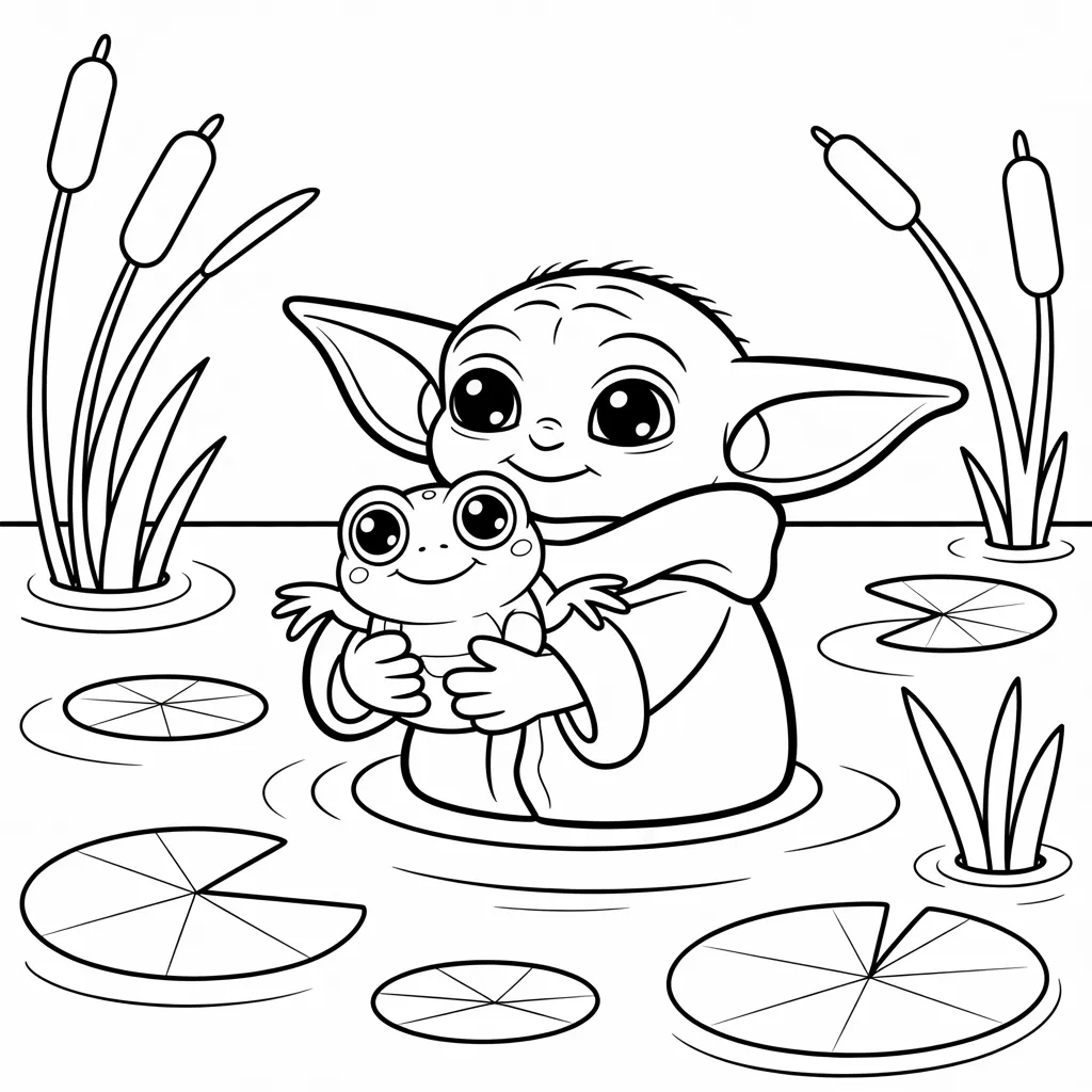 Baby Yoda Cuddling a Frog