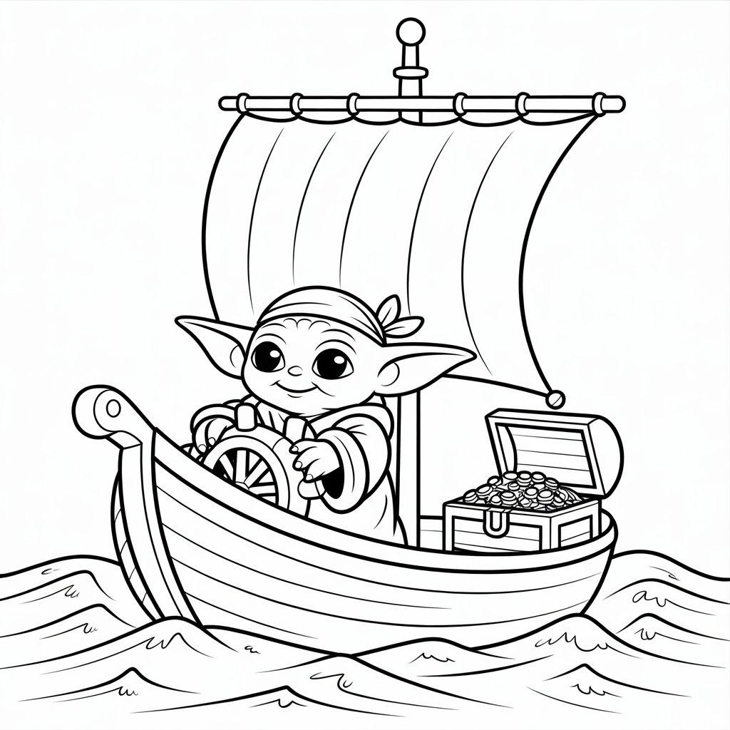 Baby Yoda Dressed as a Pirate on a Small Ship