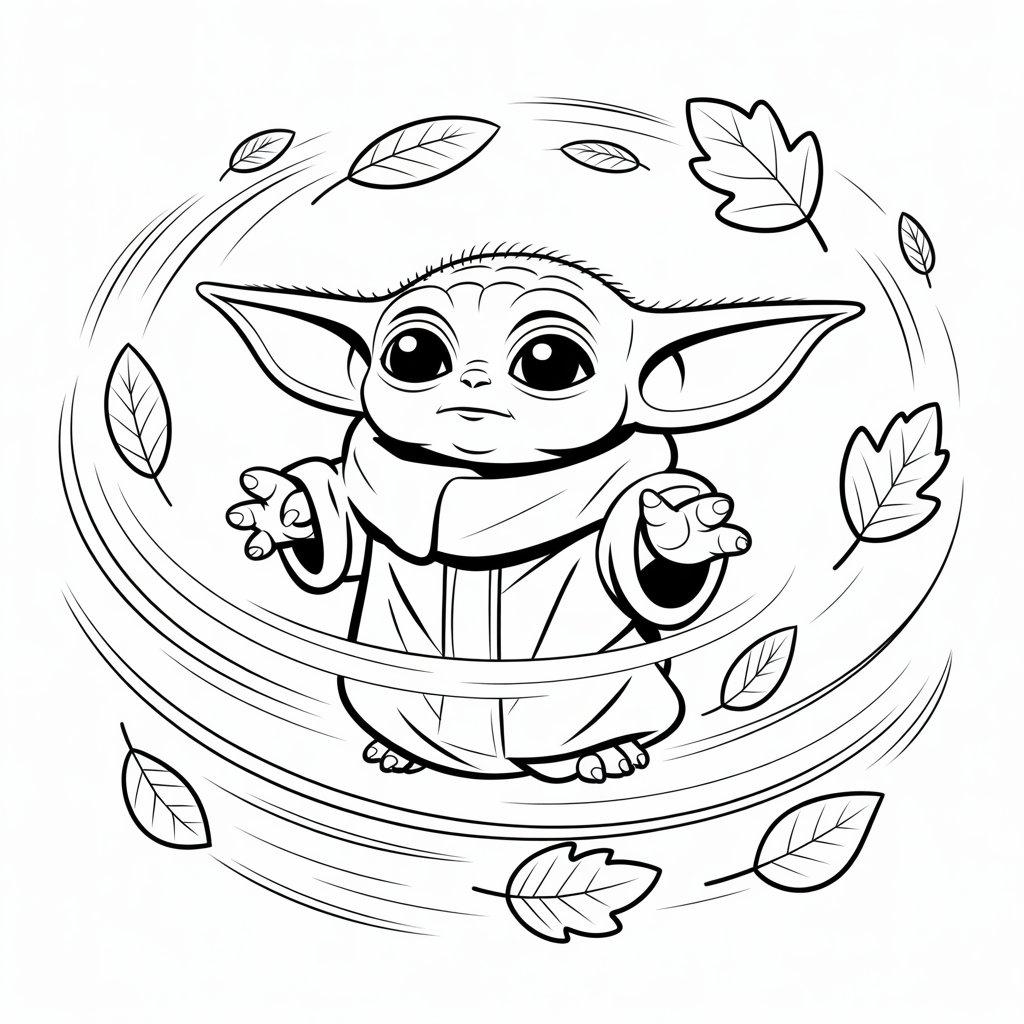 Baby Yoda Floating with Force-Powered Leaves