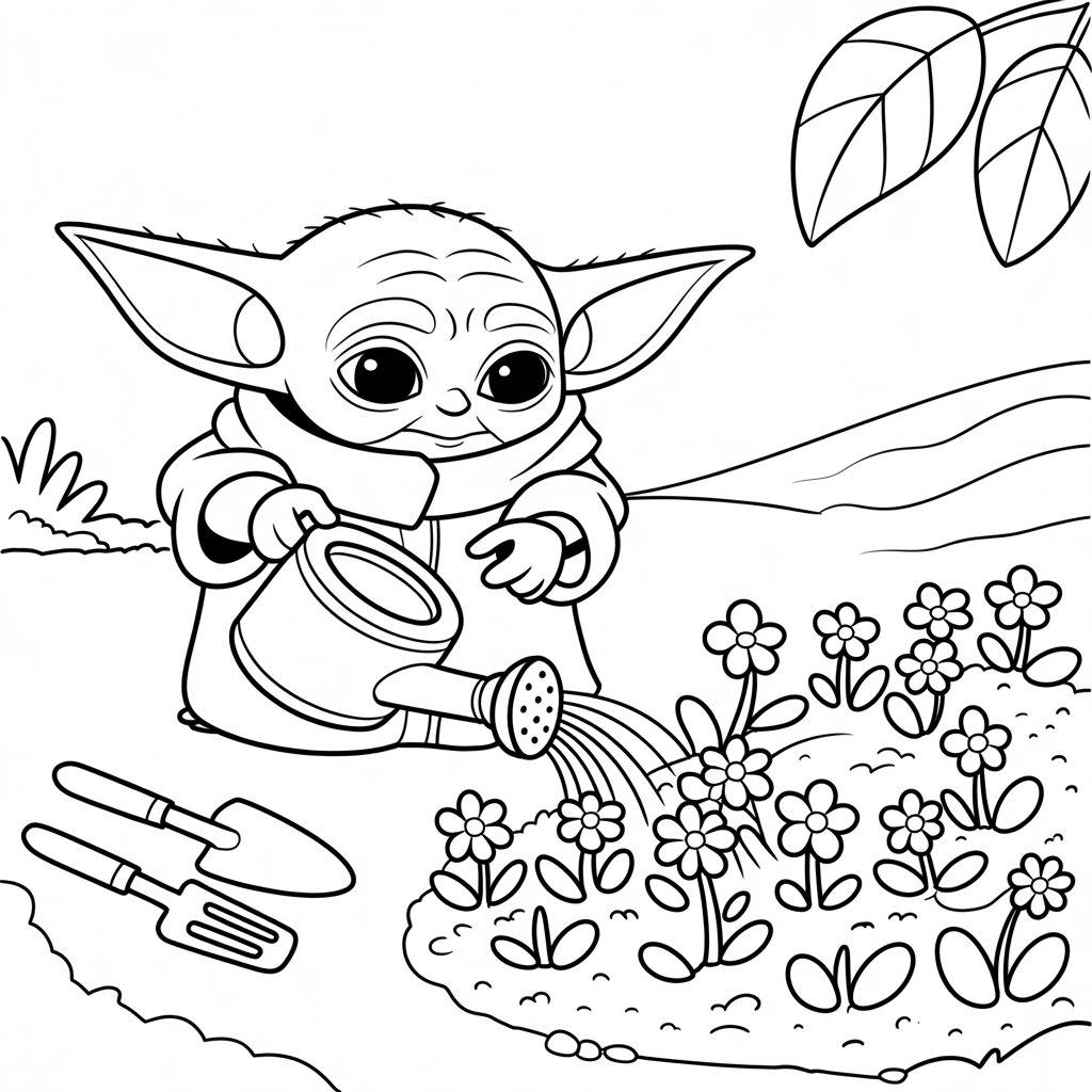 Baby Yoda Gardening with a Watering Can