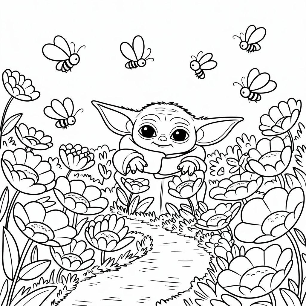 Baby Yoda Hiding Behind Flowers