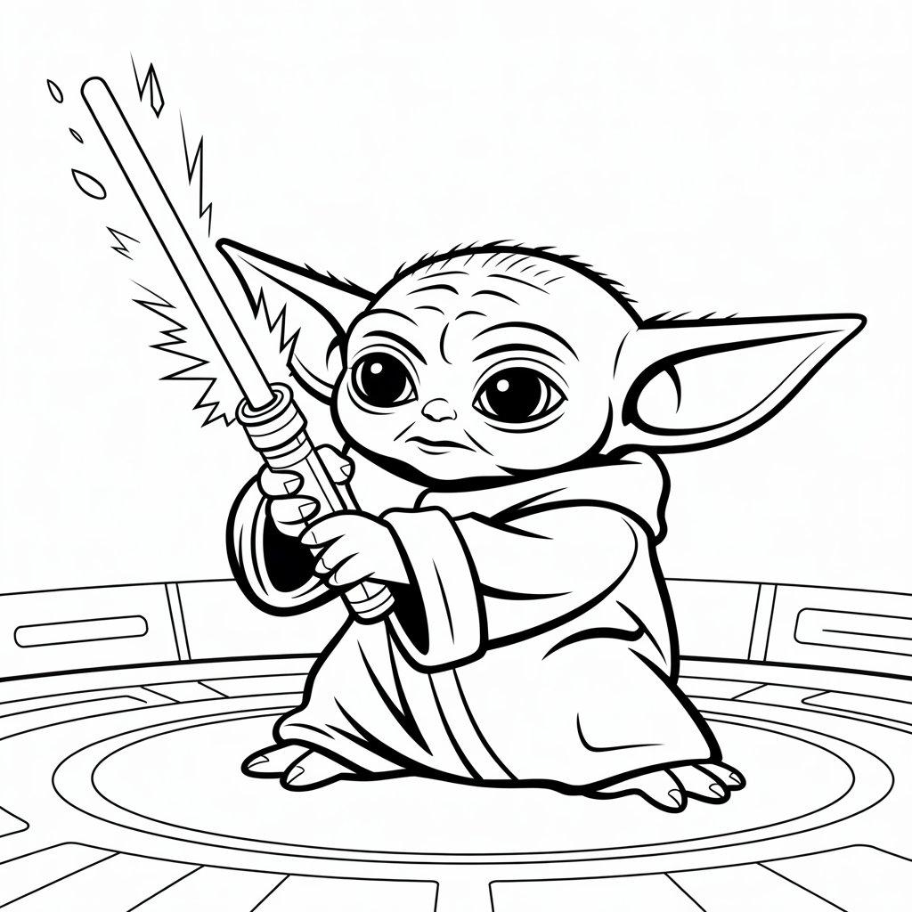 Baby Yoda Holding a Tiny Lightsaber
