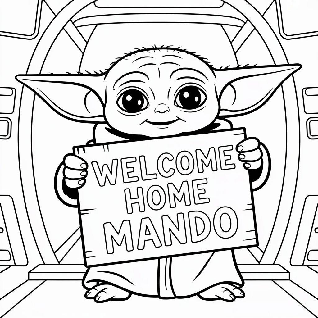 Baby Yoda Holding a "Welcome Home Mando" Sig