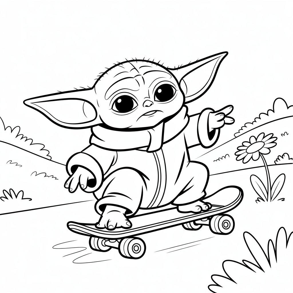 Baby Yoda Learning to Skateboard