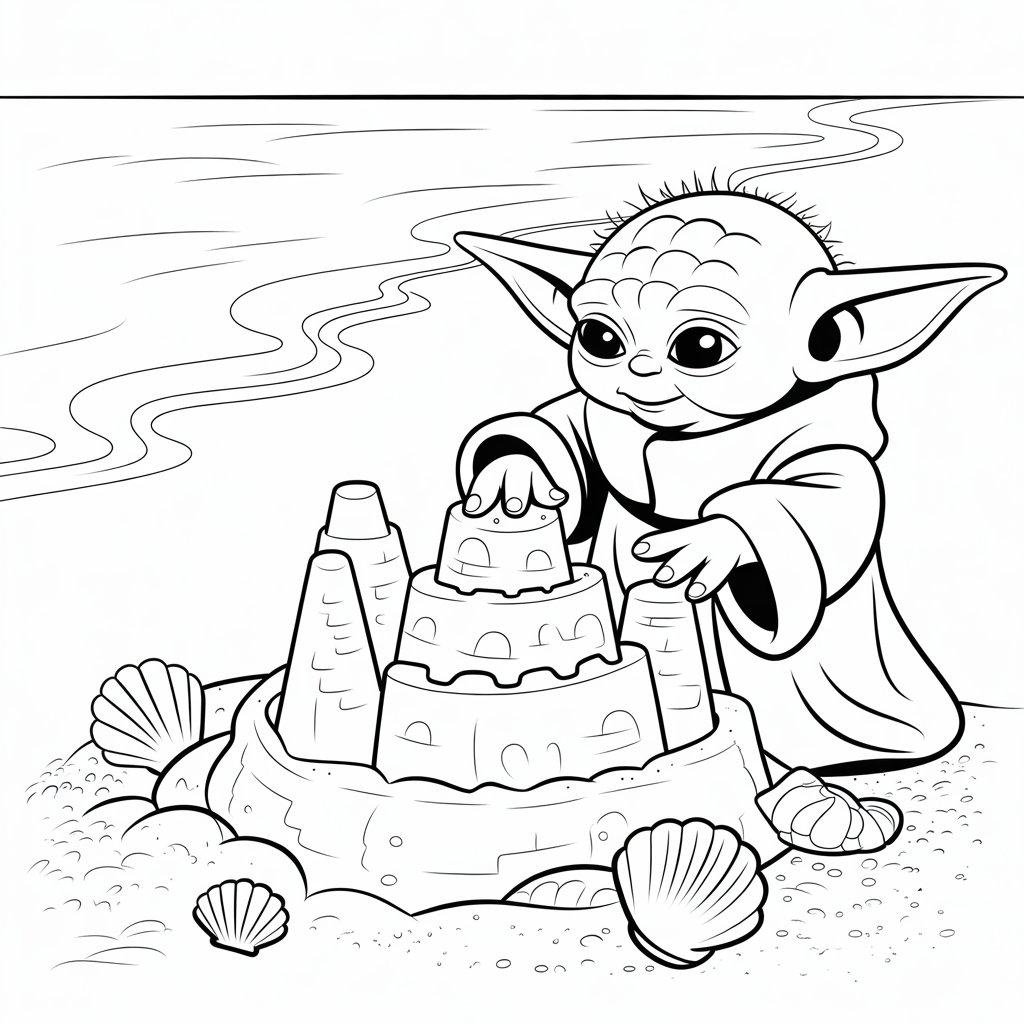 Baby Yoda Making a Sandcastle