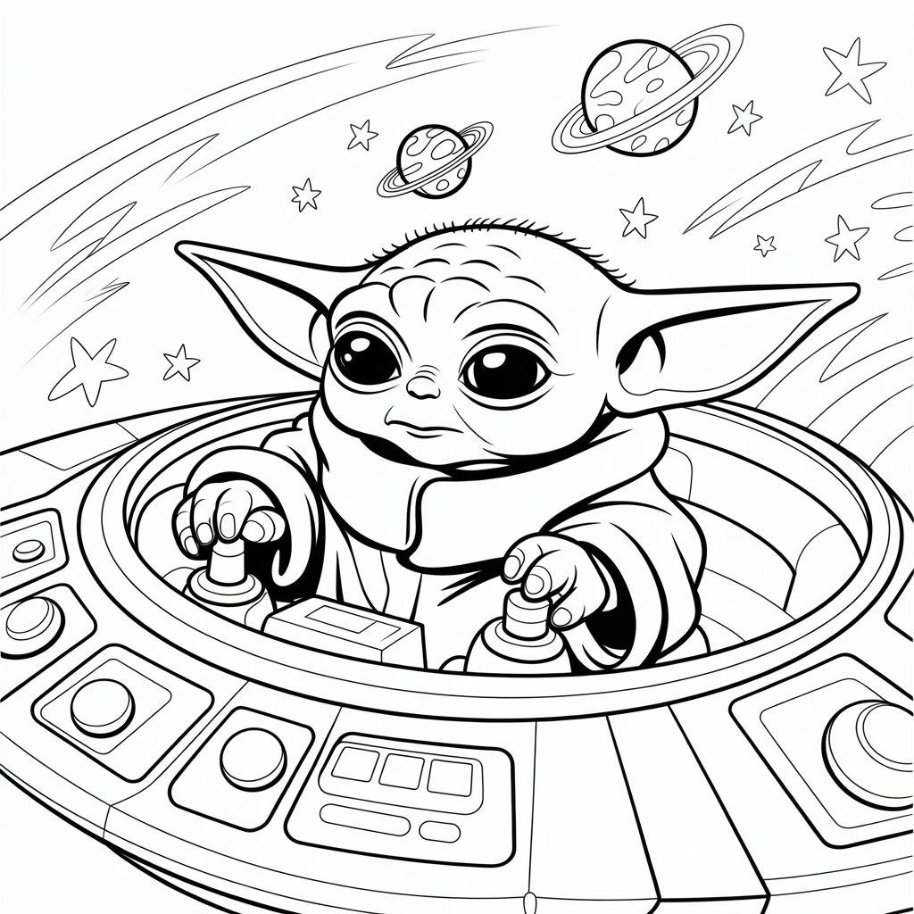 Baby Yoda Piloting a Toy Spaceship