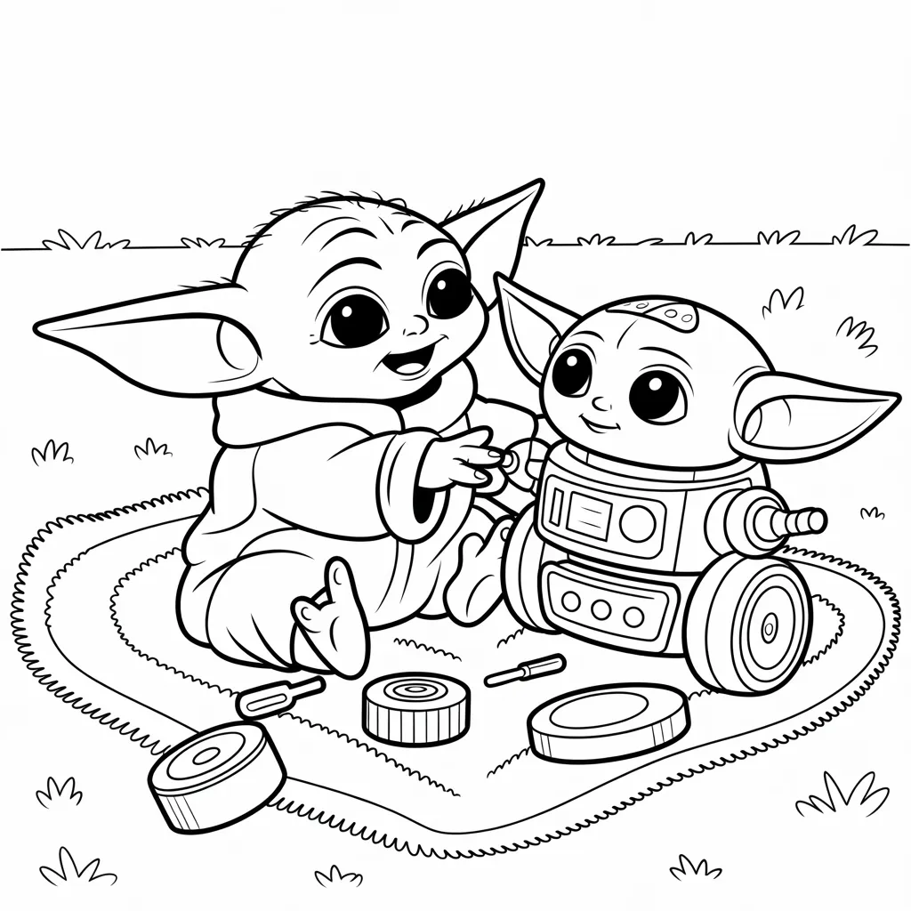 Baby Yoda Playing with a Robot Toy