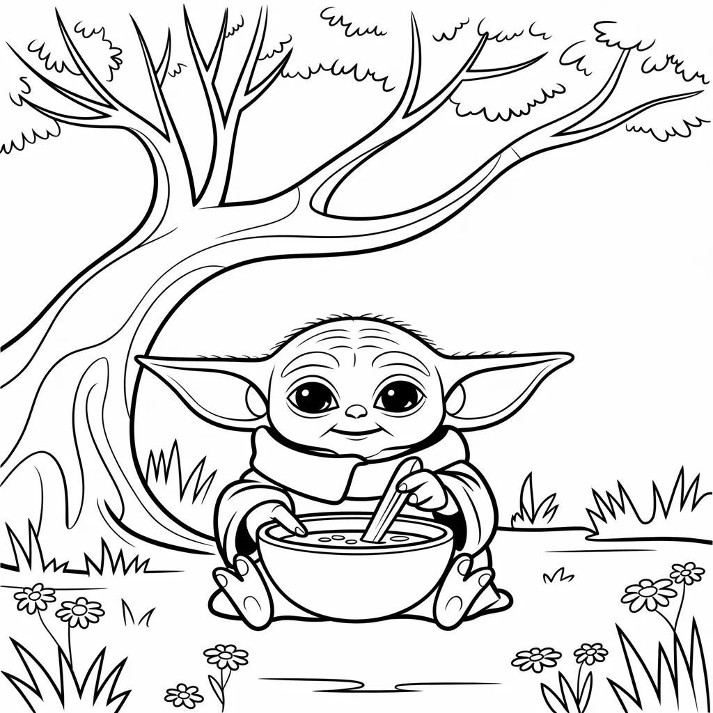 Baby Yoda Sipping Soup Under a Tree