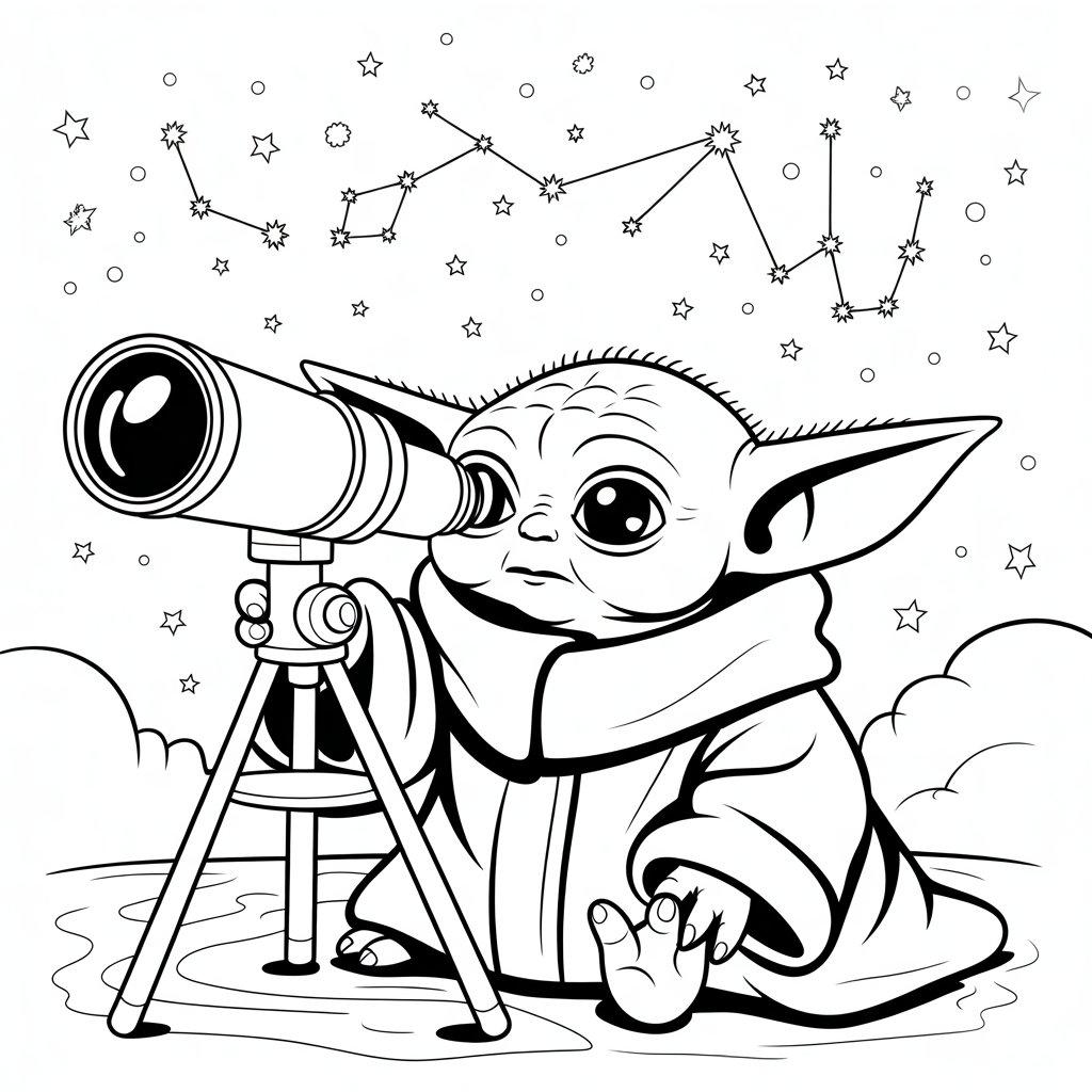 Baby Yoda Stargazing Through a Telescope