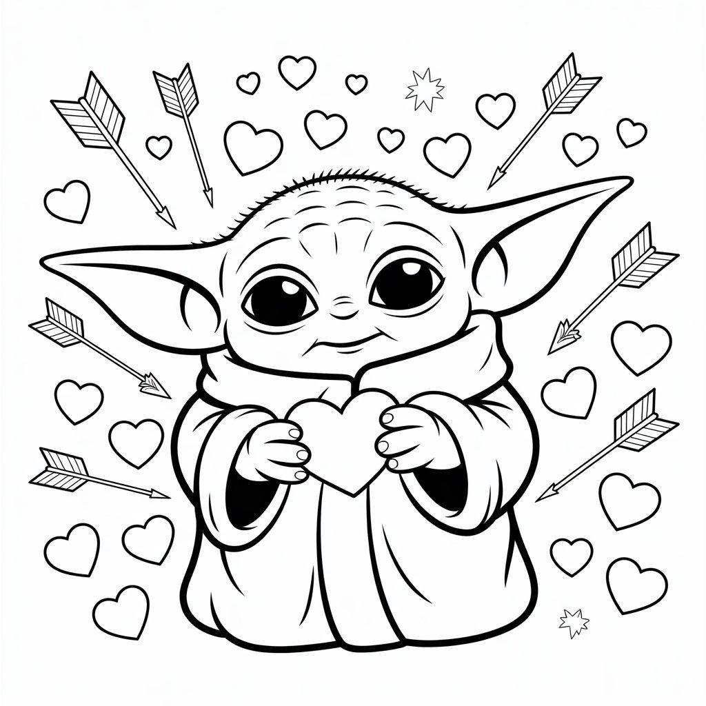 Baby Yoda Surrounded by Hearts on Valentine's Day