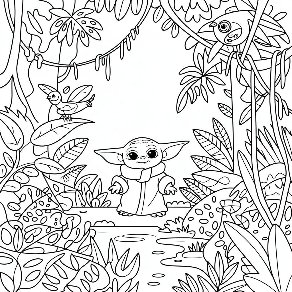 Baby Yoda in a Jungle Setting