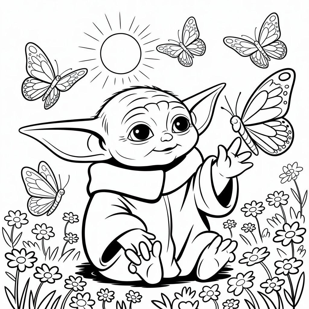 Baby Yoda with Butterfly Friends in a Meadow