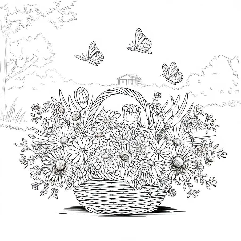 Basket of Flowers with Butterflies Around