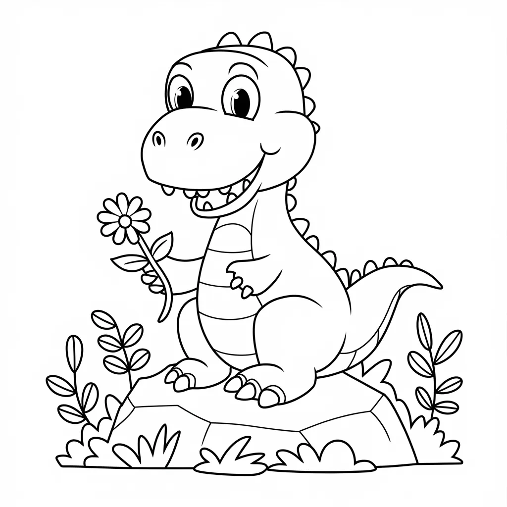 Friendly Dinosaur Holding a Flower
