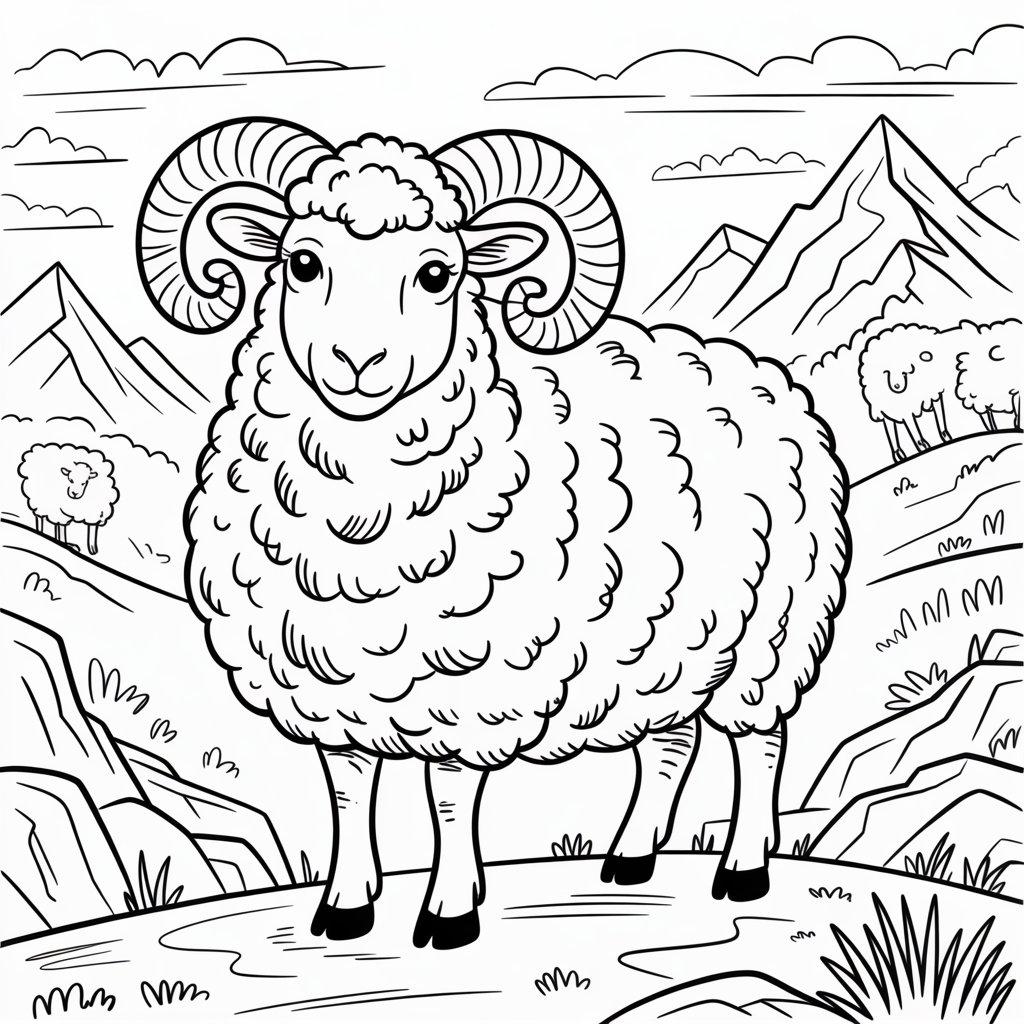 Highland Sheep with Curly Horns