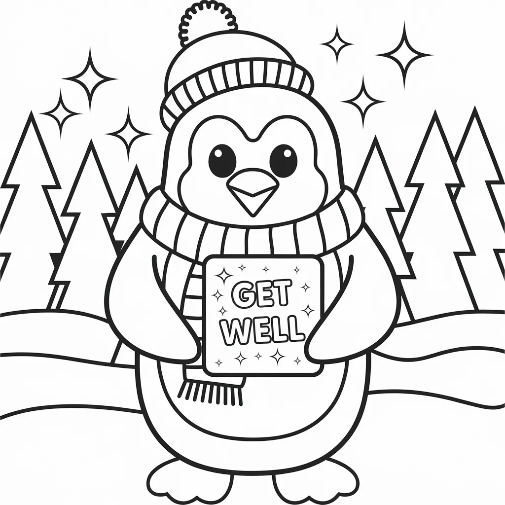 Penguin Holding a Get Well Card