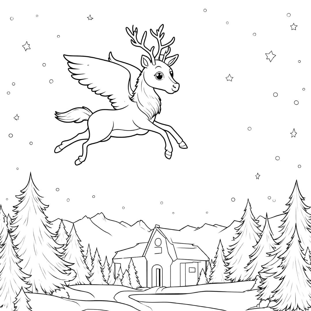 Rudolph Flying Over A Snowy Village