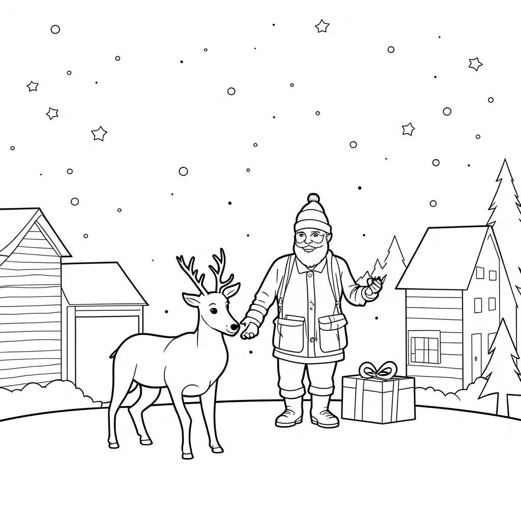 Rudolph Standing Beside Santa Delivering Gifts