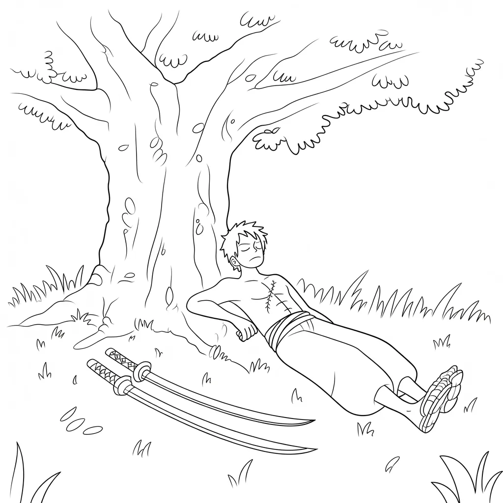 Zoro_Asleep_Against_a_Tree_with_Swords_Nearby
